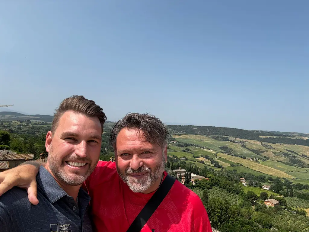 Fabrizio with a guest overlooking the southern Tuscany countryside