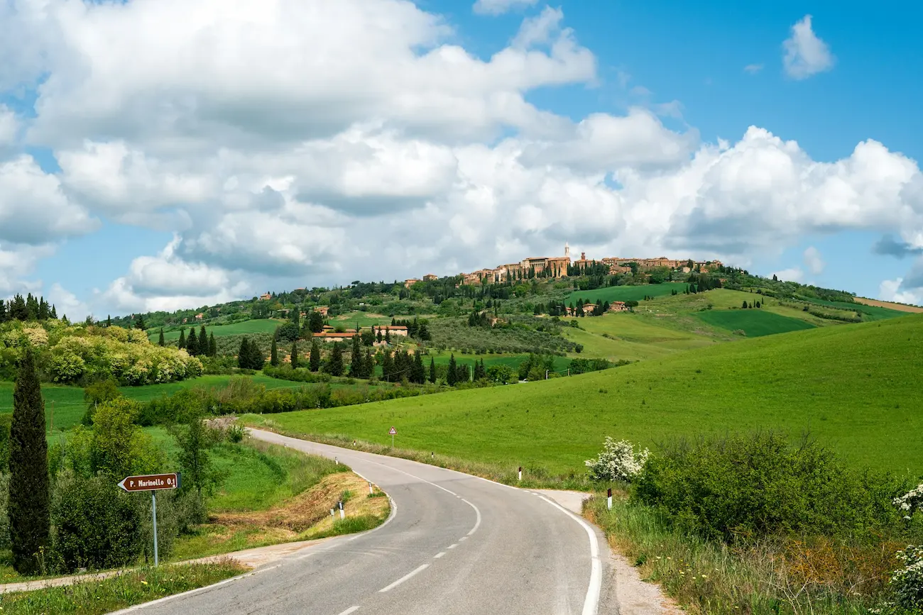 Scenic road through the Val d'Orcia countryside between Pienza and Montepulciano